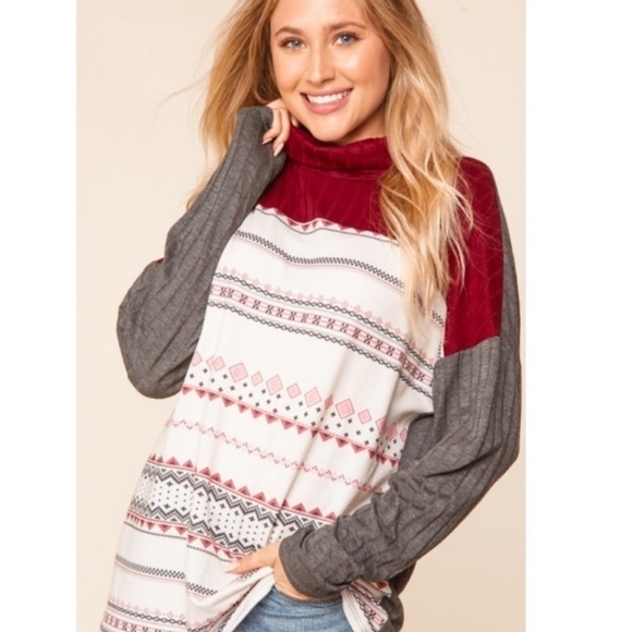 Ribbed Crimson Cowl Neck Turtleneck with French Terry Ethnic/Tribal Print - Picture 5 of 12